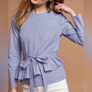 Maeve Anthropologie Ramona Ruffled Top Blouse Tie-Front Women Small Stripe Blue